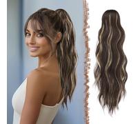 FESHFEN Ponytail Extensions, Long Claw Clip in Ponytail Hairpiece Synthetic Brunette Mixed Blonde Pony Tails Hair Piece Ponytail with Claw Clip Natural Wavy Hairpieces for Women, 20 inch