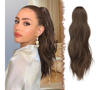 FESHFEN Ponytail Extensions - Long Claw Clip in Ponytail Hairpiece Synthetic Chestnut Brown Pony Tails Hair Piece with Claw Clip Natural Wavy Hairpieces for Women, 20 inch