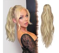 FESHFEN Ponytail Extensions, Long Claw Clip in Ponytail Hairpiece Synthetic Dark Ash Blonde Mixed Bleach Blonde Pony Tails Hair Piece with Claw Clip Natural Wavy Hairpieces for Women, 20 inch