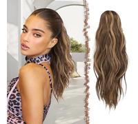 FESHFEN Ponytail Extensions, Long Claw Clip in Ponytail Hairpiece Synthetic Honey Blonde Mixed Light Brown Pony Tails Hair Piece Ponytail with Claw Clip Natural Wavy Hairpieces for Women, 20 inch