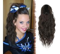 FESHFEN Ponytail Extensions, Long Curly Wavy Drawstring Ponytails Fluffy Clip in Pony Tail Hair Piece Synthetic Hairpieces for Women, 18 inch Black Brown