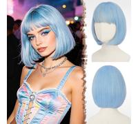 FESHFEN Short Bob Wigs with Flat Bangs,Light Blue Straight Hair Synthetic Colorful Cosplay Daily Costume Party Fashion Modern Neon Wig for Women 11 inch