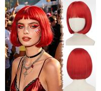 FESHFEN Short Bob Wigs with Flat Bangs,Light Red Straight Hair Synthetic Colorful Cosplay Daily Costume Party Fashion Modern Neon Wig for Women 11 inch