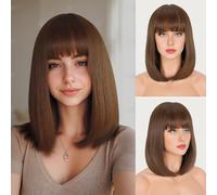 FESHFEN Short Light Brown Bob Wig with Fringe for Women Medium Length Synthetic Wigs with Bangs Straight Hair Wigs for Cosplay Costume Party Daily, 14 inch