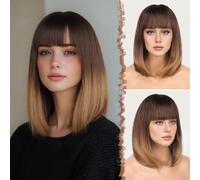 FESHFEN Straight Bob Wig with Fringe for Women Medium Length Black Roots to Brown Blonde Synthetic Wigs with Bangs Short Hair Wigs for Cosplay Costume Party Daily, 14 inch
