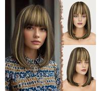 FESHFEN Straight Bob Wig with Fringe for Women Medium Length Brown Mixed Blonde Synthetic Wigs with Bangs Short Hair Wigs for Cosplay Costume Party Daily, 14 inch