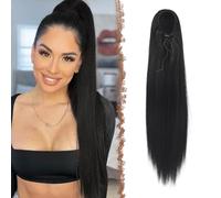 FESHFEN Straight Drawstring Ponytail Extension Natural Synthetic Long Pony Tails Hairpieces Clip in Ponytails Extensions for Women Girls, Natural Black 20 inch