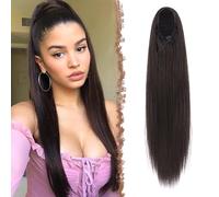 FESHFEN Straight Drawstring Ponytail Extension Natural Synthetic Long Pony Tails Hairpieces Clip in Ponytails Extensions for Women Girls, Darkest Brown 20 inch