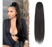 FESHFEN Straight Drawstring Ponytail Extension Natural Synthetic Long Pony Tails Hairpieces Clip in Ponytails Extensions for Women Girls, Black Brown 20 inch