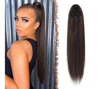 FESHFEN Straight Drawstring Ponytail Extension Natural Synthetic Long Pony Tails Hairpieces Clip in Ponytails Extensions for Women Girls, Brown 24 inch