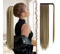 FESHFEN Straight Ponytail Extensions Long Wrap Around Ponys Synthetic Clip in Pony Tail Hair Extension Hairpiece for Women, 28 inch Light Brown & Blonde