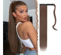 FESHFEN Straight Ponytail Extensions Long Wrap Around Ponys Synthetic Clip in Pony Tail Hair Extension Hairpiece for Women, 24 inch Medium Light Golden Brown