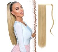 FESHFEN Straight Ponytail Extensions Long Wrap Around Ponys Synthetic Clip in Pony Tail Hair Extension Hairpiece for Women, 24 inch Medium Blonde & Bleach Blonde