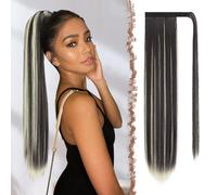 FESHFEN Straight Ponytail Extensions Long Wrap Around Ponys Synthetic Clip in Pony Tail Hair Extension Hairpiece for Women, 28 inch Dark Brown Mix Bleach Blonde