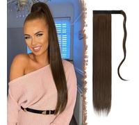 FESHFEN Straight Ponytail Extensions Long Wrap Around Ponytail Synthetic Clip in Pony Tail Hair Extensions Brown & Light Auburn Mixed Hairpiece for Women, 28 inch