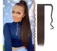 FESHFEN Straight Ponytail Extensions Long Wrap Around Ponytail Synthetic Clip in Pony Tail Hair Extensions Reddish Dark Brown Hairpiece for Women, 28 inch