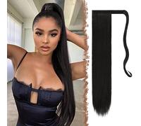 FESHFEN Straight Ponytail Extensions Long Wrap Around Ponytail Synthetic Clip in Pony Tail Hair Extensions Natural Black Hairpiece for Women, 24 inch