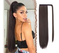 FESHFEN Straight Ponytail Extensions Long Wrap Around Ponytail Synthetic Clip in Pony Tail Hair Extensions Dark Brown Hairpiece for Women, 24 inch