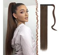 FESHFEN Straight Ponytail Extensions Long Wrap Around Ponytail Synthetic Clip in Pony Tail Hair Extensions Medium Chestnut Brown Hairpiece for Women, 28 inch