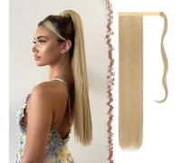 FESHFEN Straight Ponytail Extensions Long Wrap Around Ponytail Synthetic Clip in Pony Tail Hair Extensions Pale Golden Blonde & Bleach Blonde Hairpiece for Women, 28 inch