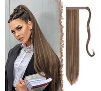 FESHFEN Straight Ponytail Extensions Long Wrap Around Ponytail Synthetic Clip in Pony Tail Hair Extensions Golden Brown Mixed Blonde Hairpiece for Women, 28 inch