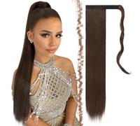 FESHFEN Straight Ponytail Extensions Long Wrap Around Ponytail Synthetic Clip in Pony Tail Hair Extensions Medium Brown Hairpiece for Women, 24 inch