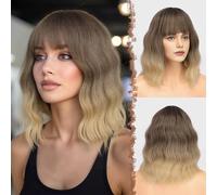 FESHFEN Wavy Bob Wig with Bangs - Ombre Blonde Mixed Shoulder Length Wigs with Fringe Synthetic Short Hair Wig for Women Party Daily, 14 inch
