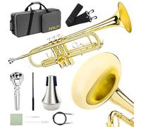 Fesley Bb Standard Trumpet Set: Brass Trumpets for Beginner Student, Brass Trumpet Instrument with 7C Mouthpiece, Hard Case, Cleaning Kit (Golden)