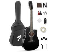 Fesley Black 12 String Acoustic Electric Guitar, Full Size, Spruce Top, Mahogany Back & Sides, Walnut Fingerboard, Preamp & EQ, Complete Accessory Pack
