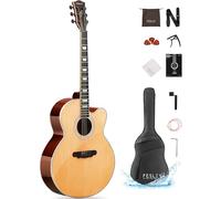 Fesley Jumbo Cutaway Acoustic Guitar: 42" Full Size Acoustic Guitar Kit, Mahogany Wood Guitar for Beginner Adult, Acustica Guitarra with Gig Bag, Picks, Strings, Capo, Strap, Pickguard, FJ90 Natural