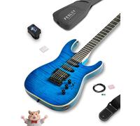 Fesley X 39" Solid Body Electric Guitar: Electric Guitar Kit with Bone Nut, Full Size 6 String Guitars with 24 Frets,Poplar Body AAA Flame Maple Top,Guitarra Electrica with HSS Ceramic Pickup,Blue