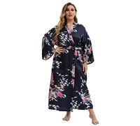 feslieacc Women's Floral Long Satin Robes Plus Size Long Silk Robes Peacock Floral Kimonos Sleepwear Dressing Gown, Peacock | Navy, XXL/3XL