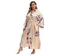 feslieacc Women's Floral Long Satin Robes Plus Size Long Silk Robes Peacock Floral Kimonos Sleepwear Dressing Gown, Peacock | Champagne, 4XL/5XL
