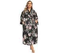 feslieacc Women's Floral Long Satin Robes Plus Size Long Silk Robes Peacock Floral Kimonos Sleepwear Dressing Gown, Floral | Black, XXL/3XL