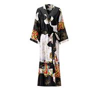 feslieacc Women's Floral Long Satin Robes Plus Size Long Silk Robes Peacock Floral Kimonos Sleepwear Dressing Gown, Pattern | Black, XXL/3XL