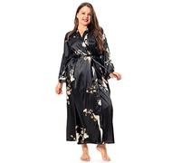 feslieacc Women's Plus Size Long Satin Robes Plus Size Long Silk Robes Kimonos Sleepwear Dressing Gown, Bird/Black, 4XL/5XL