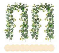 FESSOSKO 2PCS 180cm Artificial Eucalyptus Garland, Includes 10 Wooden Tags and Jute Twine, Faux Leaves Hanging Garland, Perfect for Wedding Arch, Backdrop, Wall, Table Decor