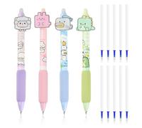 FESSOSKO 4 Pcs Retractable Anti-Slip Rub Out Pens Set, Cute Invisible Ink Pen with 10 refills, Erasable Ink Gel Pens Animals, Cartoon Gel Pen for Student Gift, School Office Supplies, Blue, 0.5mm