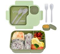 FESSOSKO Bento Lunch Box for Adults Kids, Leak-Proof Lunch Box with 3 Compartments and Cutlery Set, Bento Box with Sauce Pot for Office School Travel, Dishwasher Microwave Safe, Green