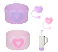 FESSOSKO Vibrant Silicone Boot & Tumbler Protector Set for Stanley & Owala - 2 Pcs Heart-Shaped Sleeves & Straw Covers, Universal Fit for 7.5 cm Diameter Cups, Pink & Purple