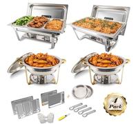 Festa Essential 4 Pack Chafing Dish Buffet Set Stainless Steel 5 QT Round&8 QT Rectangular Chafers Food Warmers with Full,1/3 Rectangular&Round Food Pan,Fuel Holder,Foldable Frame For Catering Events