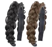 FESTFENDS 2pcs Braided Hair Headband Synthetic Wig with Plaited Design Women’s Hair Accessory Set in Natural Black and Light Brown Suitable for Everyday and Casual Wear
