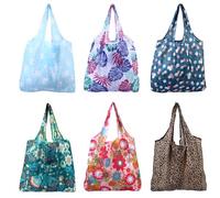 FESTFENDS 6pcs Folding Oxford Storage Bags Lightweight Reusable Vegetable Tote Shopping Bags for Women with Assorted Floral Prints Portable Handheld for Travel and Daily Random Color