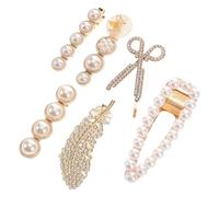 FESTFENDS 6pcs Rhinestones Pearl Hair Clips Set with Metal Plume Design Smooth Surface without Burrs Fashionable and Beautiful Hair Barrettes for Daily Styling