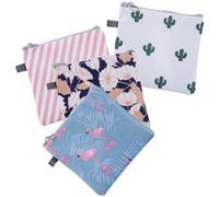 FESTFENDS Waterproof Zipper Period Bag 4pcs Set with Cactus Flamingo Stripe Flower Designs, Portable Sanitary Napkin Storage Pouches for Travel, School, and Everyday Use