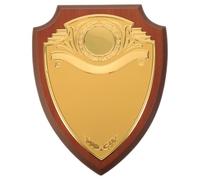 FESTFENDS Wooden Plaque Trophy - Metal Shield-Shaped Award for DIY Engraving - Unfinished Award Prize for Graduation Veterans School Sports Business Retirement & Thank You Crafts