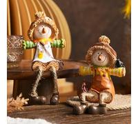 FESTGLOX Fall Shelf Sitters with Dangling Legs, 2Pcs Scarecrow Figurines for Indoor Fall Decoration, Resin Small Scarecrow for Thanksgiving Tabletop Decor, Mantel, Office Desk, Farmhouse Harvest Decor