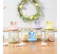 FESTGLOX Glass Easter Candy Jars with Ceramic Bunny Ear Lids, 4Pcs Sealing Bunny Jars in Pastel Colors for Storage, Mini Eggs, Cookies, Tray, Table Centerpiece, Kitchen, Home Spring Decor
