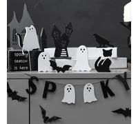 FESTGLOX Halloween Tiered Tray Decor, 9Pcs Tiered Tray Decorations Set with Spooky Ghost, Cat, Bat, Raven Figurines, "SPOOKY" Banner, Book Sign, Rustic Kitchen Table Centerpiece, Indoor Home Decor