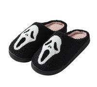 FestiKiva Halloween Pumpkin Slippers for Unisex - Creepy Cute Fluffy Winter Shoes Super Soft & Warm Slip On Shoes, Black White Spooky, 3/4 UK